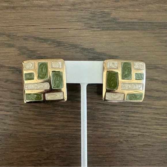 Vintage Italian Cloissoné Mosaic Square Clip-on Earrings in Gold, Green, Ivory